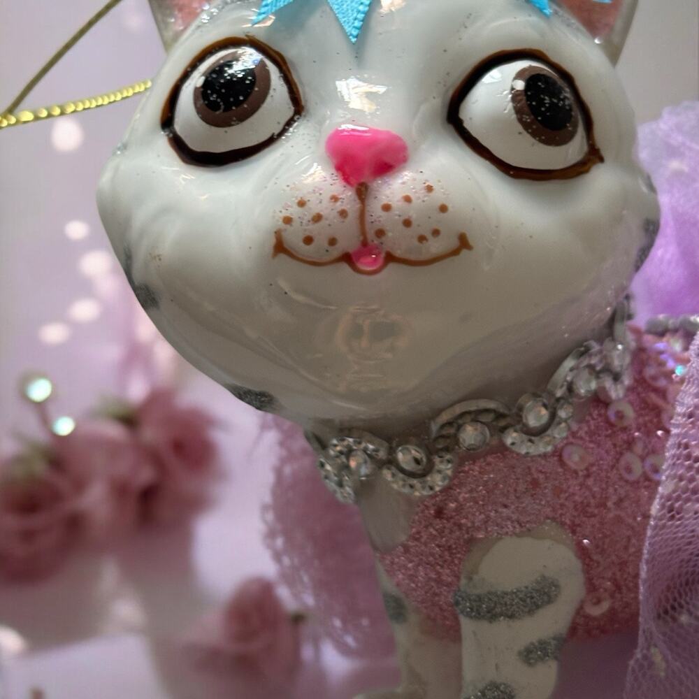 Robert Stanley Kitty Cat Glass Xmas Ornament Tutu Purple Pink Gray White Tabby - Picture 4 of 10